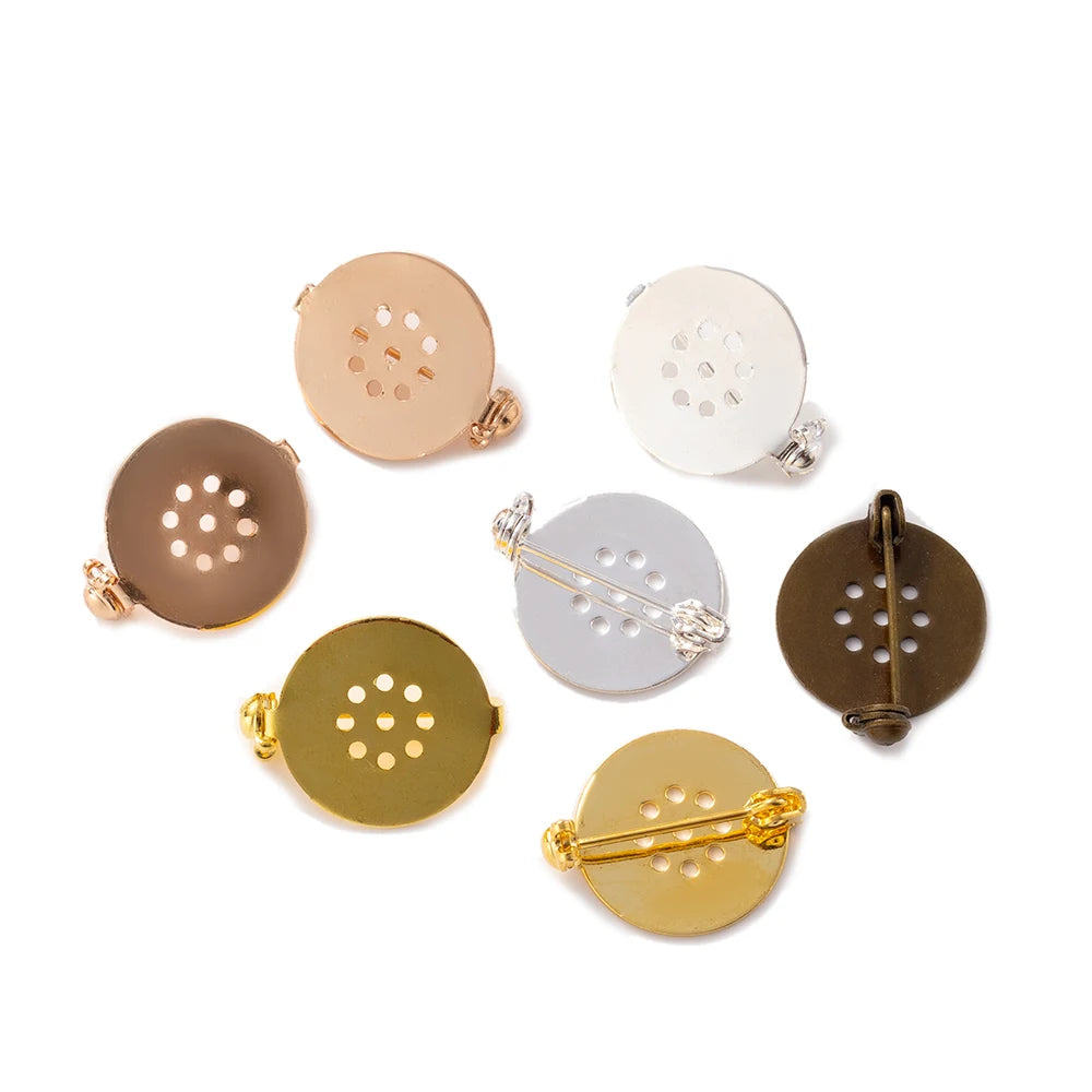 Copper Brooch Safety Pin Disk Base Cabochon Trays with Locking Clasp, 10pcs 17mm