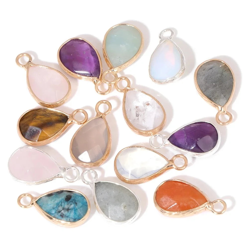 Natural Gemstone Pendant Charms, 2pcs 25-11mm, Amethyst, Rose Quartz, Agate, Amazonite, Opal