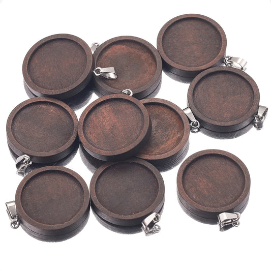 Brown Wood Necklace Pendant Blanks, Cabochon Cameo Base Trays, 10pc 20/25/30 mm