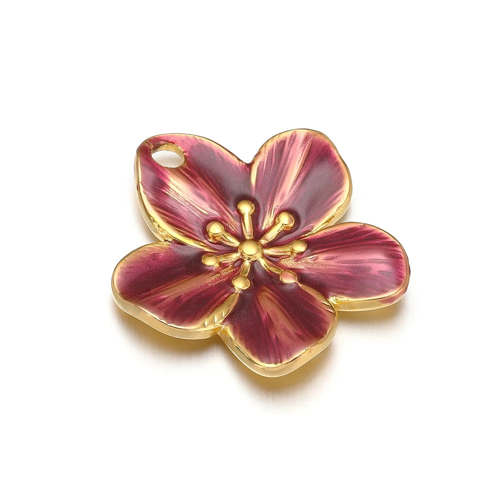 Enamel Flowers, Single Hole Charms, Stainless Steel, 5pcs