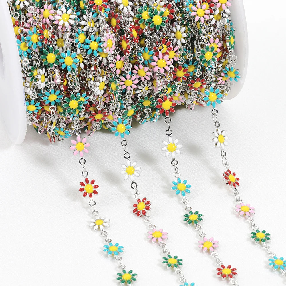 Daisy Flower Copper Chain with Enamel Beads, 1 Meter