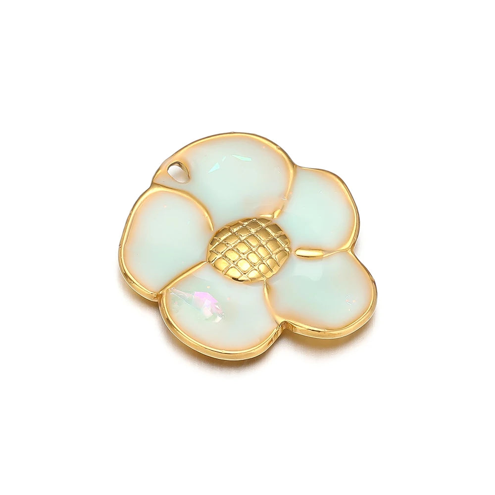 Enamel Flowers, Single Hole Charms, Stainless Steel, 5pcs