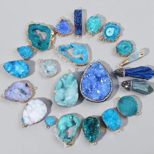 Sparkling Blue Druzy Quartz Pendants, Raw Stone Crystal Agates, Connectors and Charms, 1pc