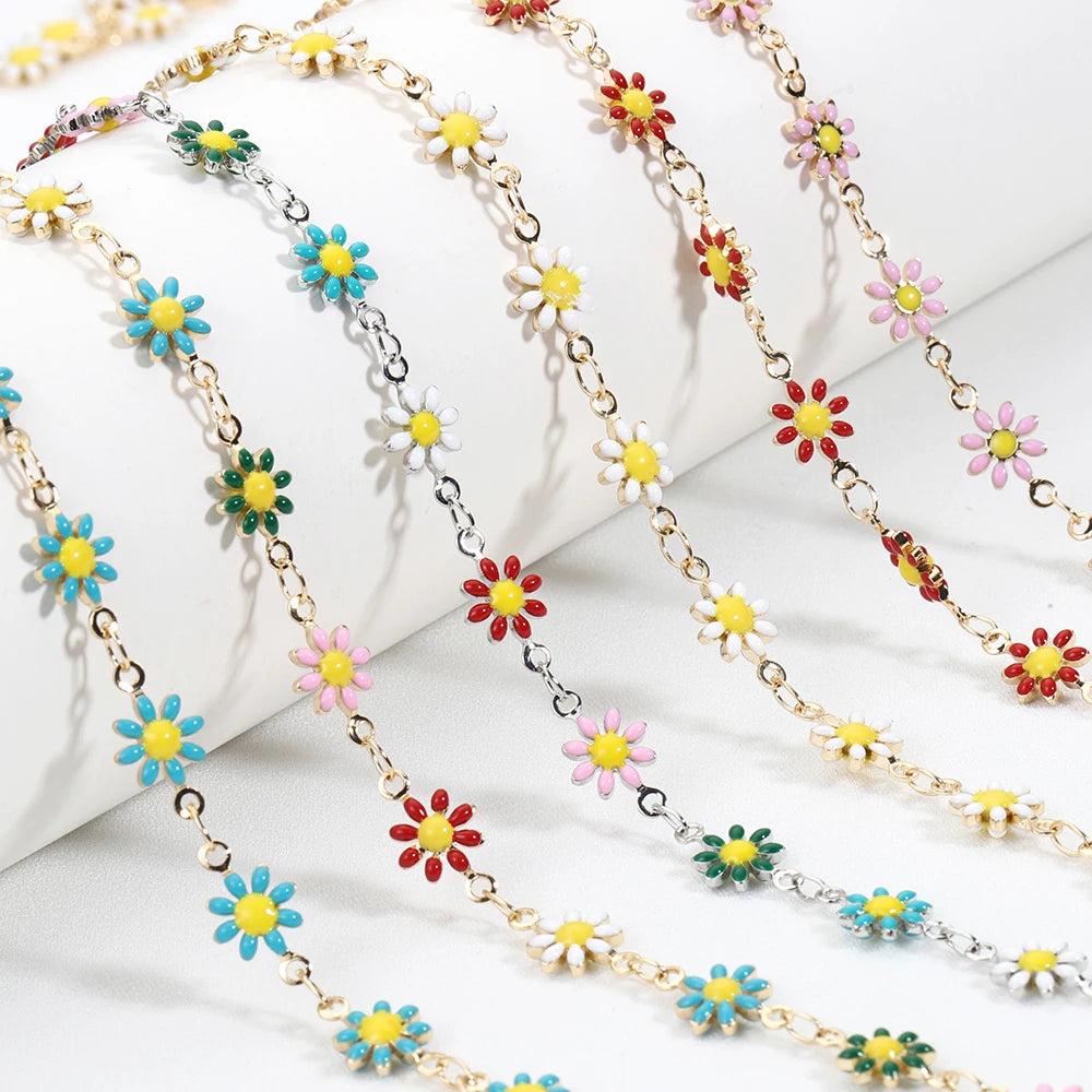 Daisy Flower Copper Chain with Enamel Beads, 1 Meter