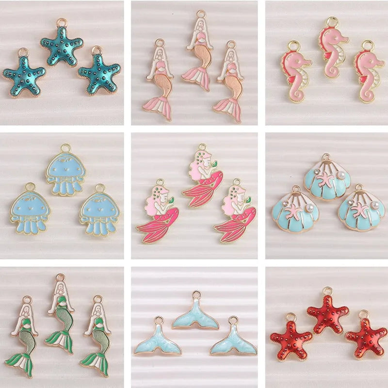 Ultra Marine Life Enamel Charm Collection, Starfish, Shells, Mermaids, 10pcs