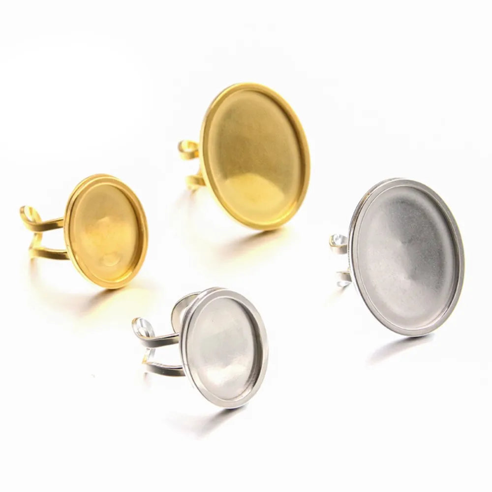 Gold Oval Cabochon Ring Blanks, 2pcs Stainless Steel Base Settings, Adjustable Size