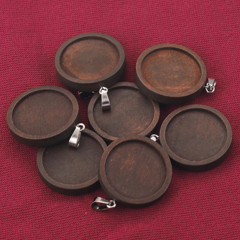 Brown Wood Necklace Pendant Blanks, Cabochon Cameo Base Trays, 10pc 20/25/30 mm