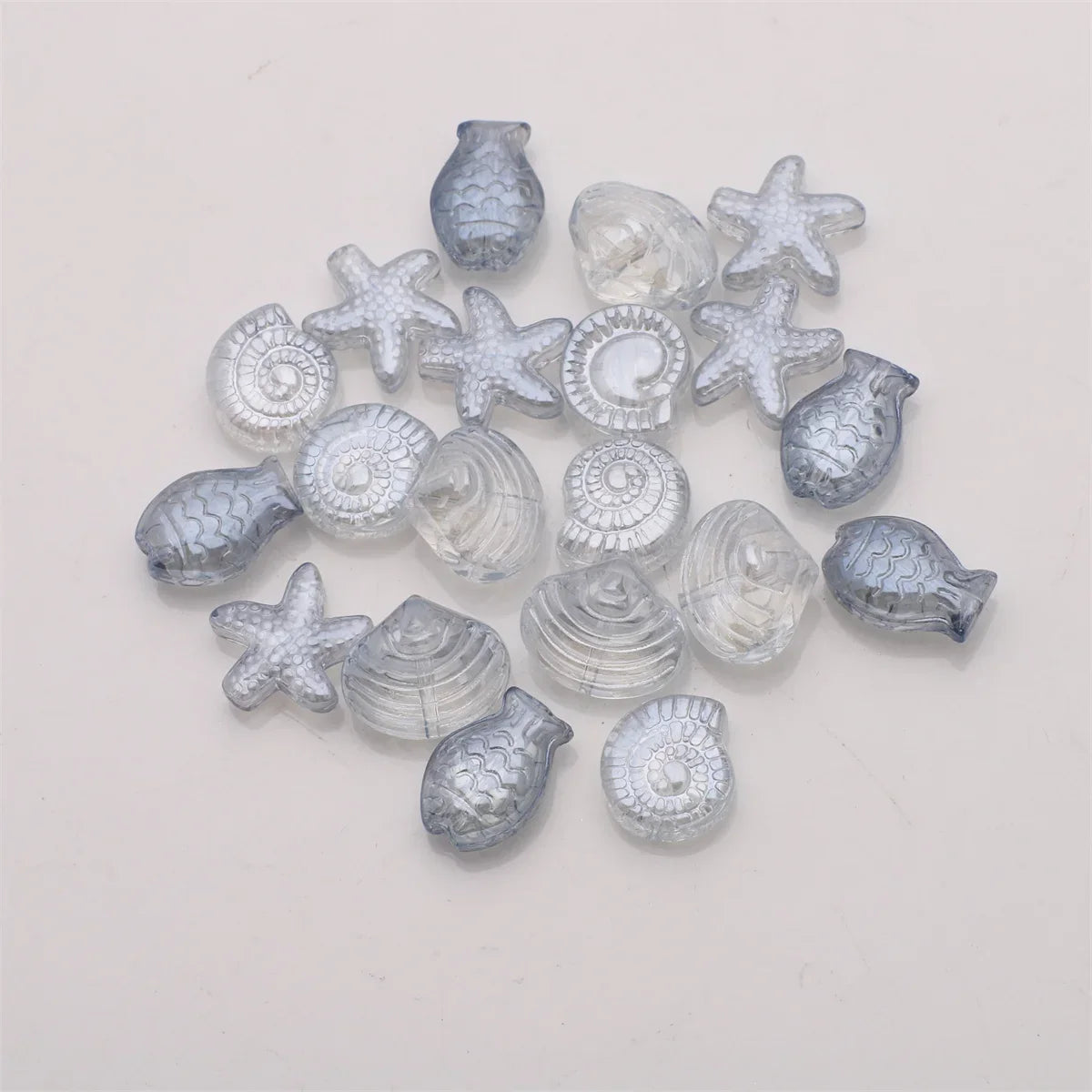 Crystal Ocean Collection, 20Pcs Mixed Glass Beads,  Starfish /Snail /Shell /Small Fish