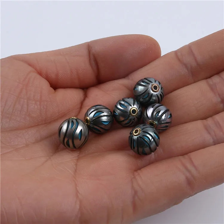 Peacock Black Tahitian Pearl Bead, Carved With 18K Gold Fitting, 11-12mm