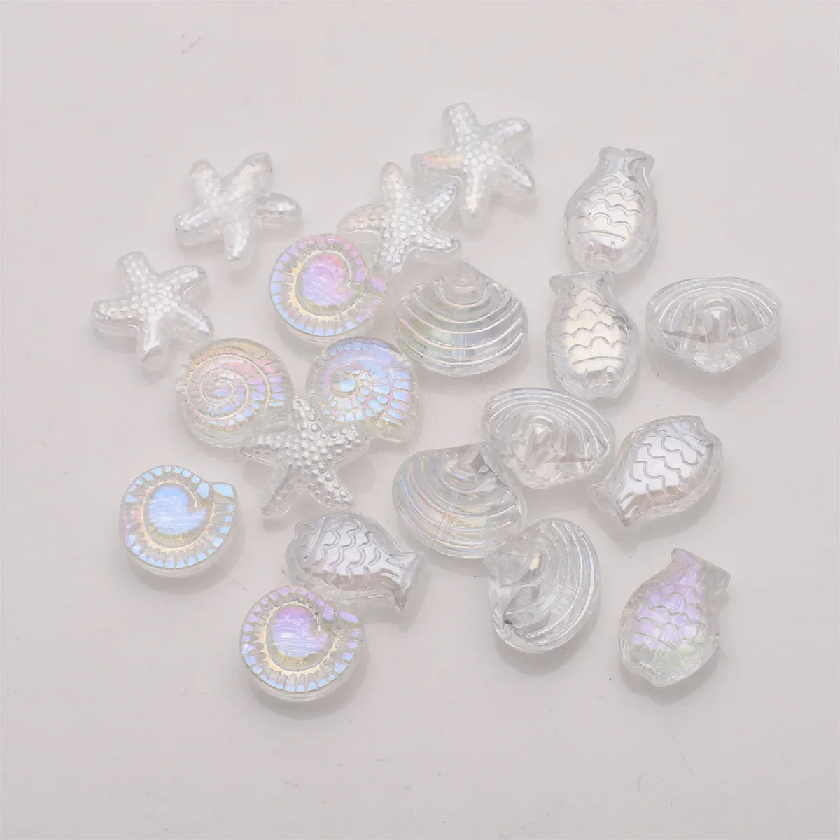 Crystal Ocean Collection, 20Pcs Mixed Glass Beads,  Starfish /Snail /Shell /Small Fish