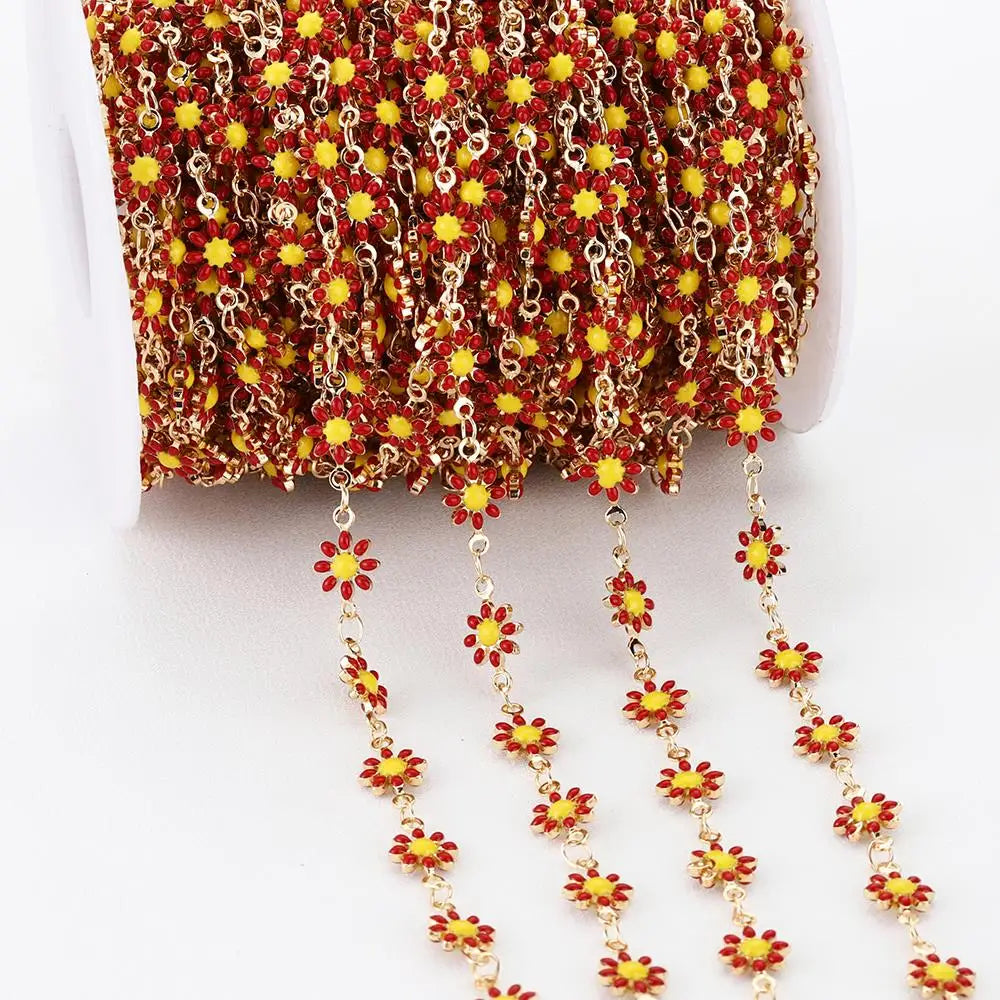 Daisy Flower Copper Chain with Enamel Beads, 1 Meter