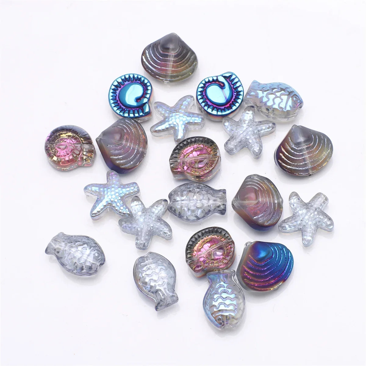 Crystal Ocean Collection, 20Pcs Mixed Glass Beads,  Starfish /Snail /Shell /Small Fish