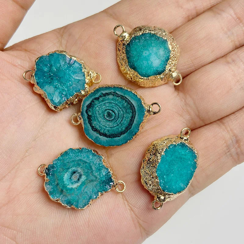 Sparkling Blue Druzy Quartz Pendants, Raw Stone Crystal Agates, Connectors and Charms, 1pc