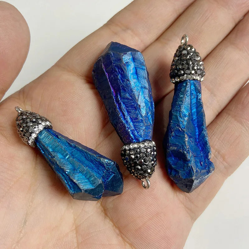 Sparkling Blue Druzy Quartz Pendants, Raw Stone Crystal Agates, Connectors and Charms, 1pc