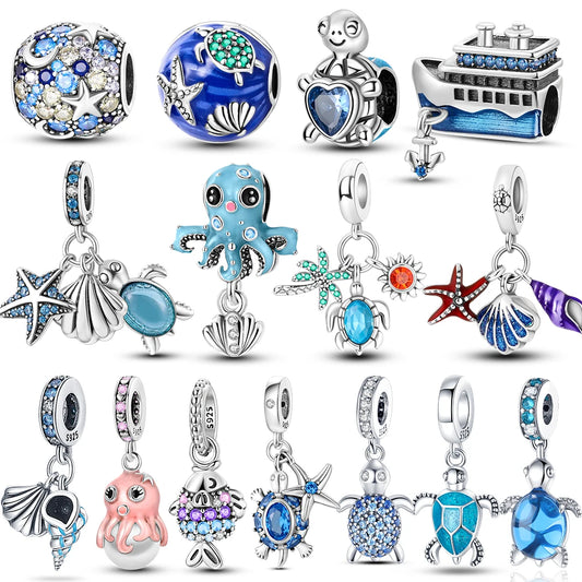 Ocean Blue Collection - Large Hole Charm Beads, European Style, Sea, Octopus, Turtle, Mermaid, Fits Original Pandora Bracelets, 925 Sterling Silver