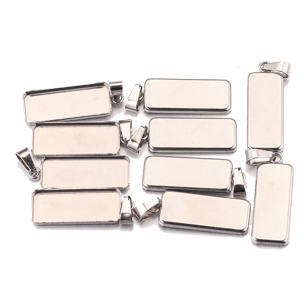 Rectangle Stainless Steel Cabochon Base Charms, Blank Pendant Setting Trays With Bails , 10pcs 10*25mm