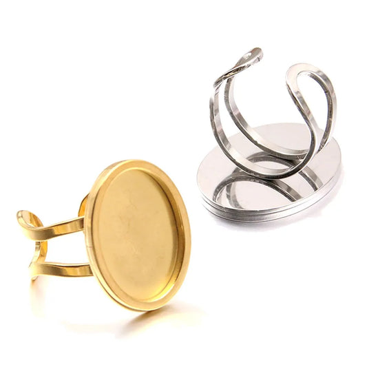 Gold Oval Cabochon Ring Blanks, 2pcs Stainless Steel Base Settings, Adjustable Size