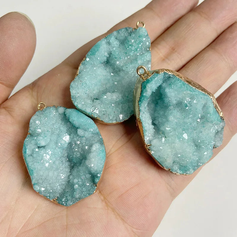 Sparkling Blue Druzy Quartz Pendants, Raw Stone Crystal Agates, Connectors and Charms, 1pc