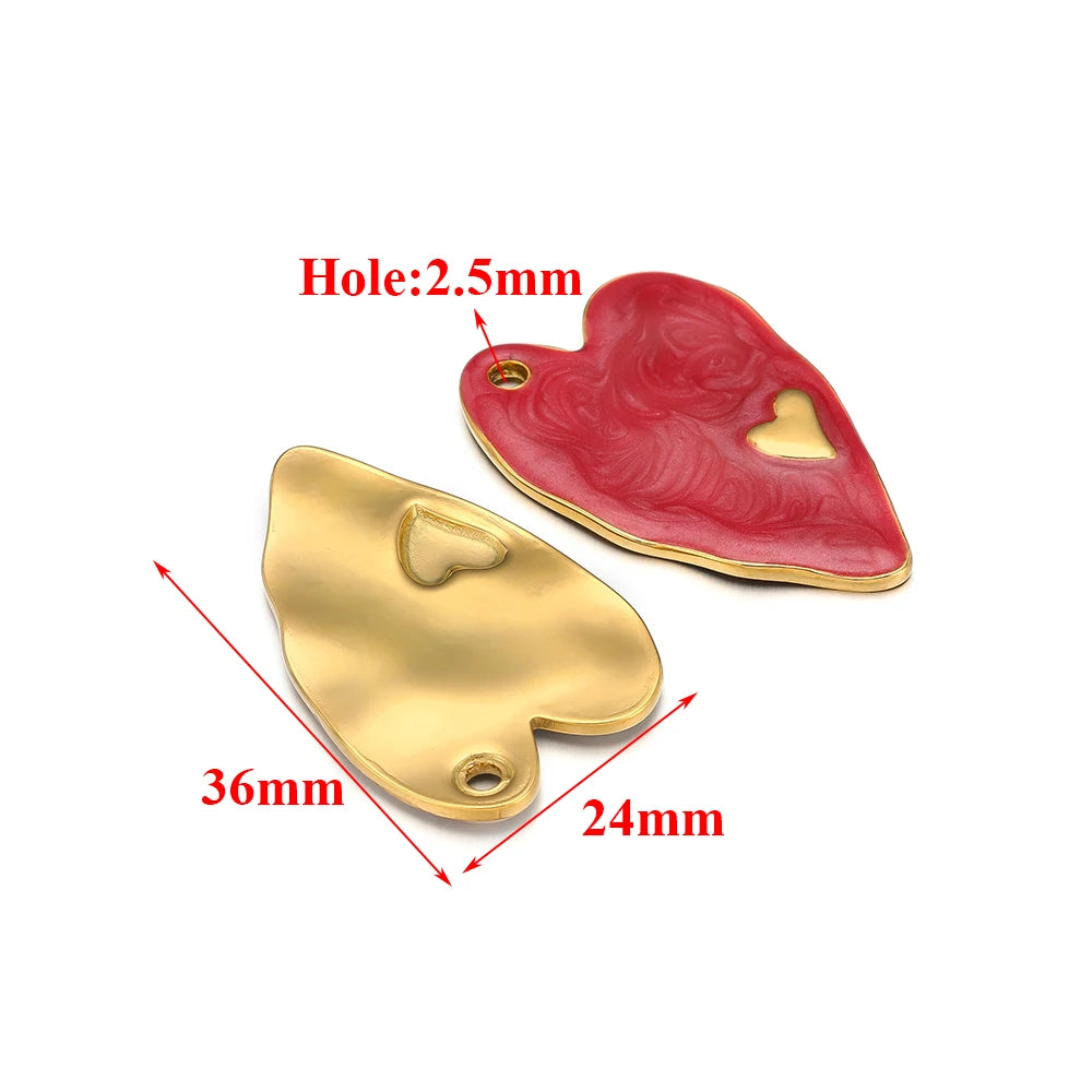 Single Hole Heart Enamel Charms, 5pcs, 18k Gold Plated Stainless Steel