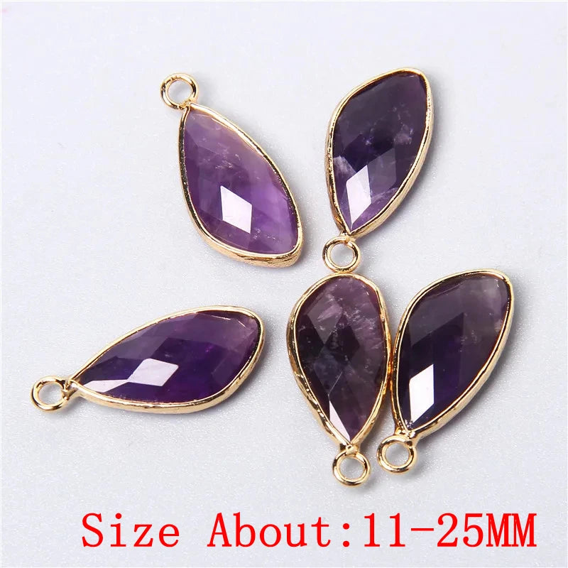 Natural Gemstone Pendant Charms, 2pcs 25-11mm, Amethyst, Rose Quartz, Agate, Amazonite, Opal