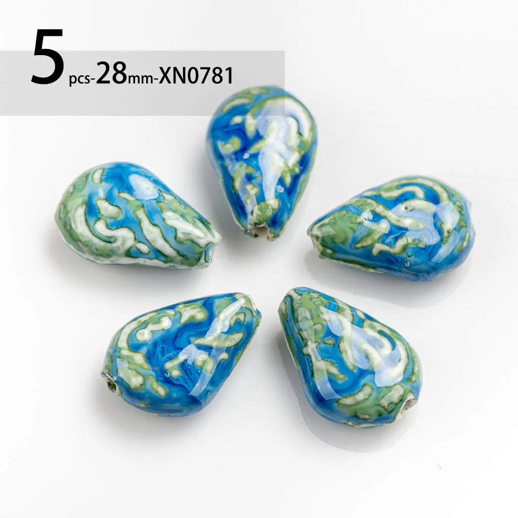 Organic Water Drop Shaped Blue Ceramic Beads, Porcelain 28mm 5pcs