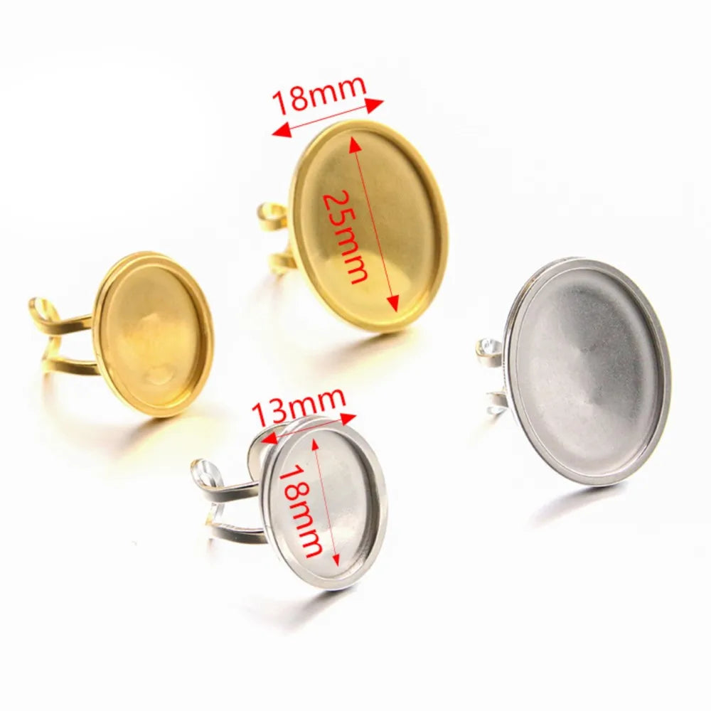 Gold Oval Cabochon Ring Blanks, 2pcs Stainless Steel Base Settings, Adjustable Size