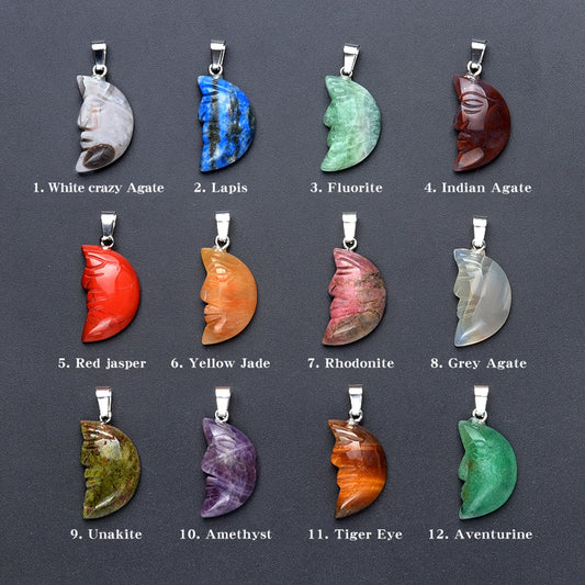 Bohemian Moon Crystal Pendants, Natural Gemstones, Handmade, Carved, 1PC