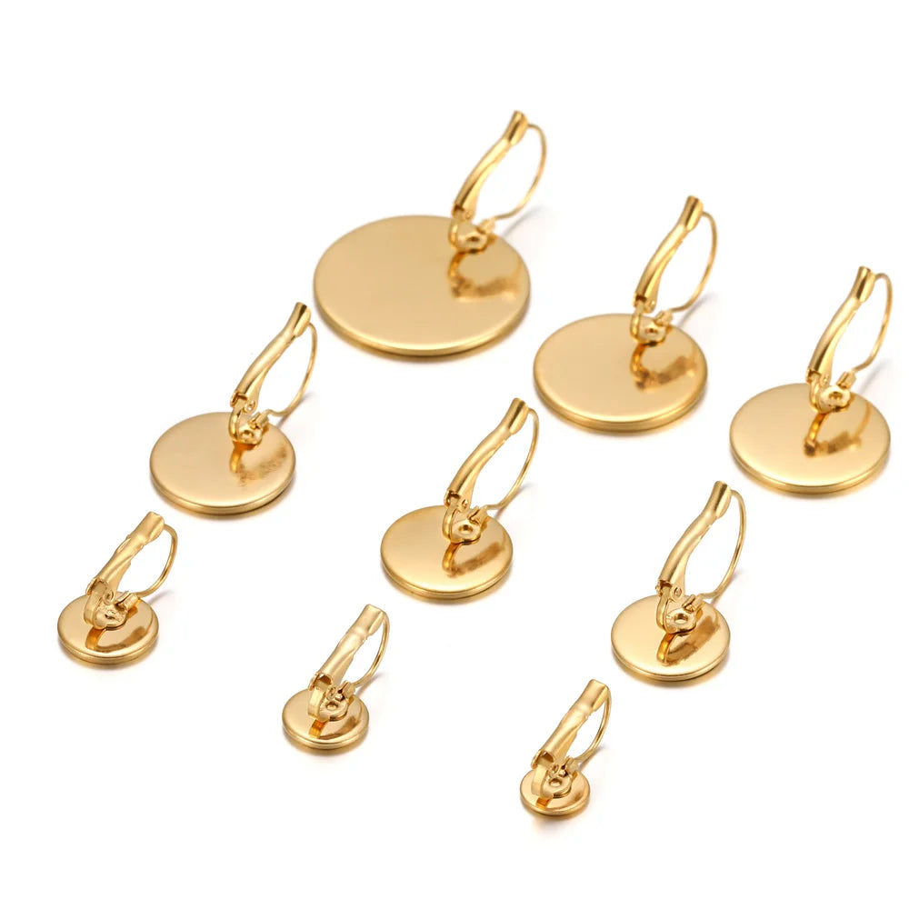 French Lever Cabochon Earring Blanks, Stainless Steel Gold Plated 6/8/10/12/14/16/18/20/25mm