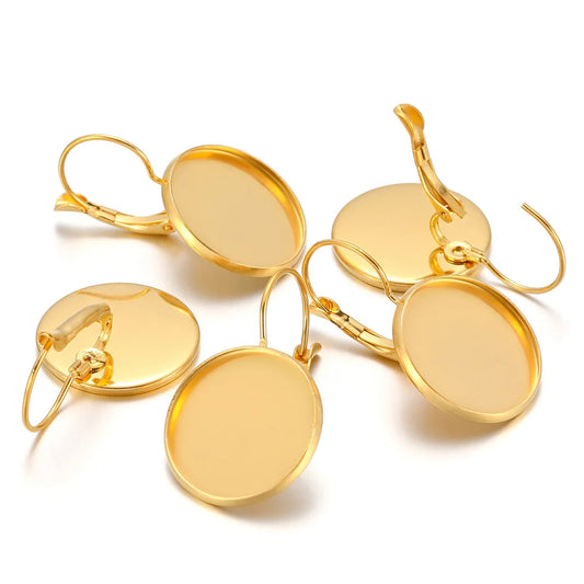 French Lever Cabochon Earring Blanks, Stainless Steel Gold Plated 6/8/10/12/14/16/18/20/25mm