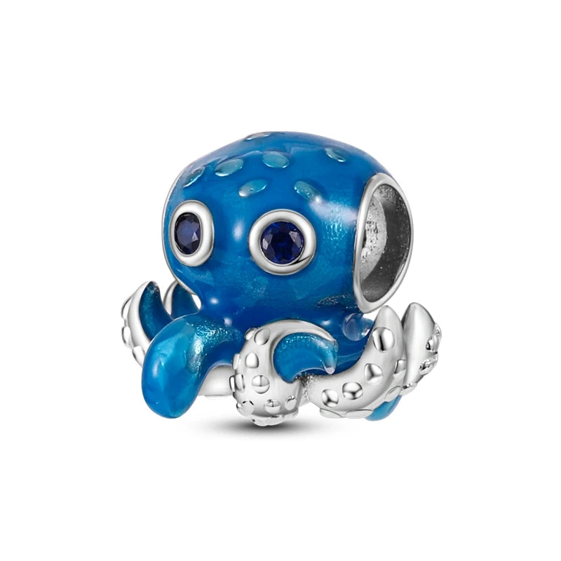 Ocean Blue Collection - Large Hole Charm Beads, European Style, Sea, Octopus, Turtle, Mermaid, Fits Original Pandora Bracelets, 925 Sterling Silver