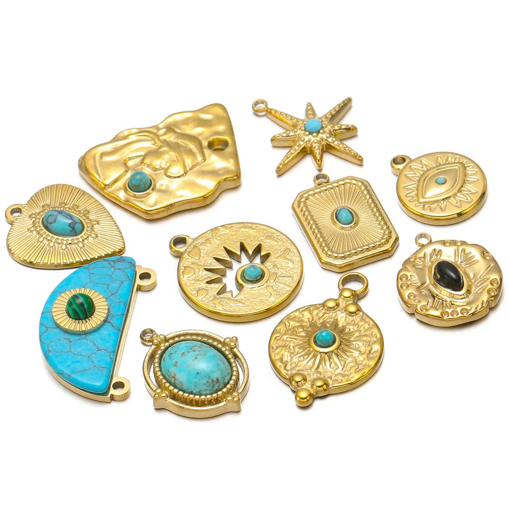 Turquoise & Gold Plated Stainless Steel Pendants, Connector Charms, 5pcs