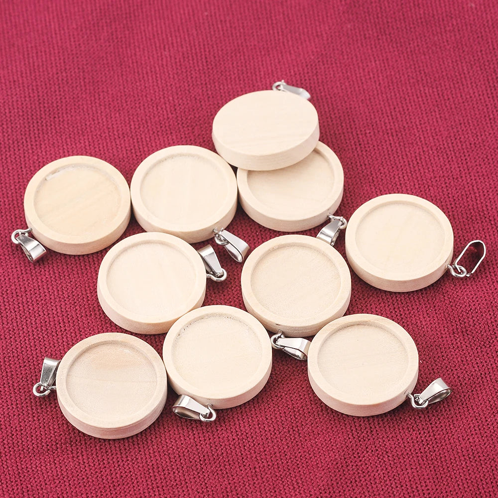 Natural Wooden Cabochon Base Blanks, Stainless Steel Pendant Trays, 10pcs 20/25/30/40mm