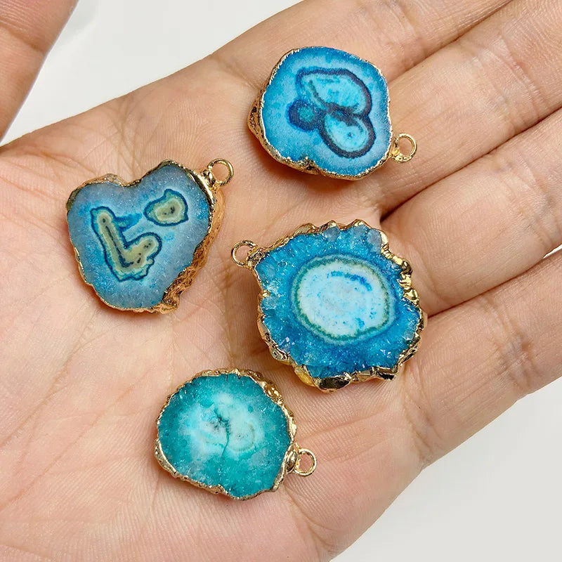 Sparkling Blue Druzy Quartz Pendants, Raw Stone Crystal Agates, Connectors and Charms, 1pc