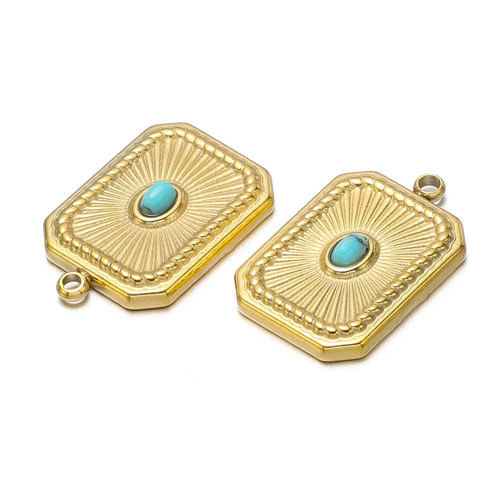 Turquoise & Gold Plated Stainless Steel Pendants, Connector Charms, 5pcs