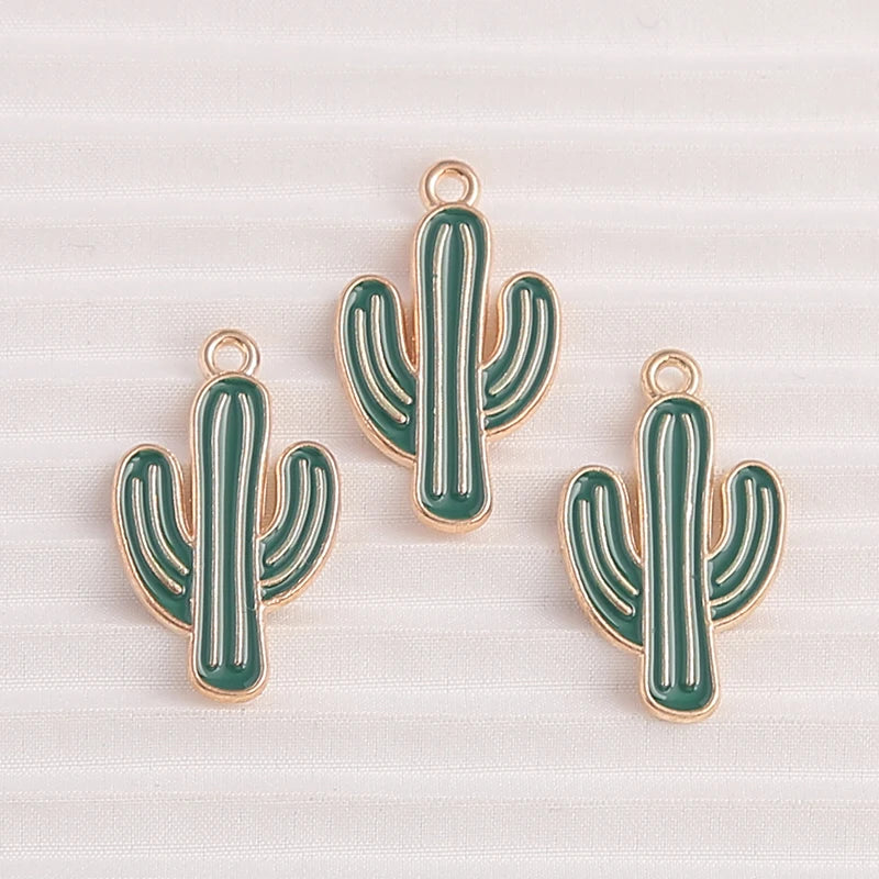 Happy Cactus and Flowers Colorful Enamel Charms, 10pcs