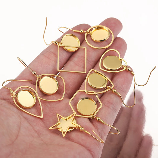 Stainless Steel Gold-Plated Earring Hook Cabochon Blanks, 10pcs Fit 12mm