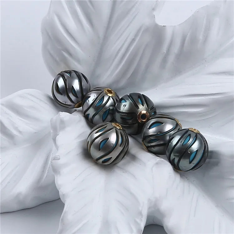 Peacock Black Tahitian Pearl Bead, Carved With 18K Gold Fitting, 11-12mm