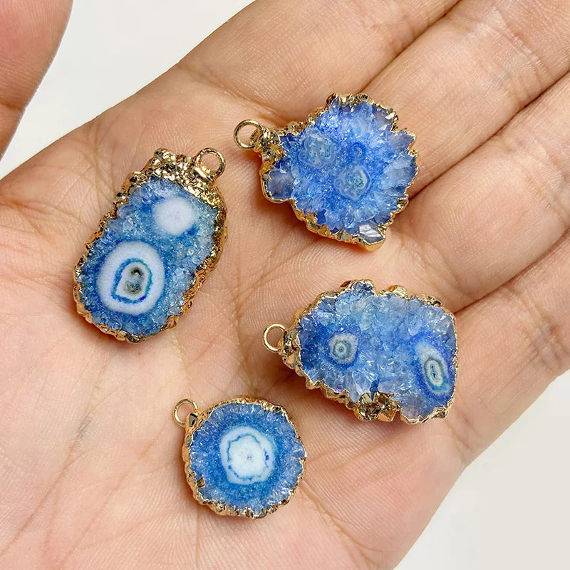 Sparkling Blue Druzy Quartz Pendants, Raw Stone Crystal Agates, Connectors and Charms, 1pc