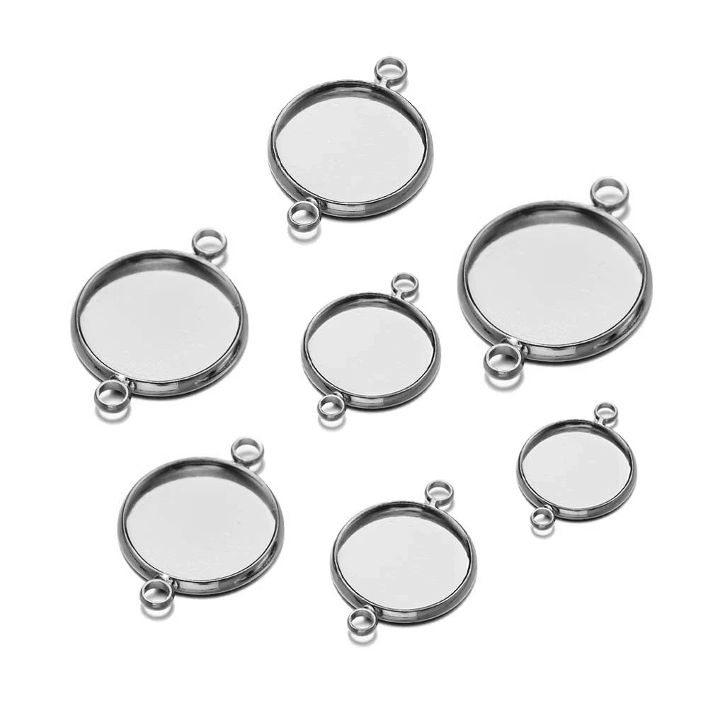 Stainless Steel Round Connectors, Blanks for setting Cabs, Bezel Pendants, 10pcs