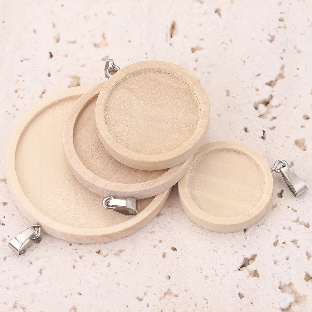 Natural Wooden Cabochon Base Blanks, Stainless Steel Pendant Trays, 10pcs 20/25/30/40mm