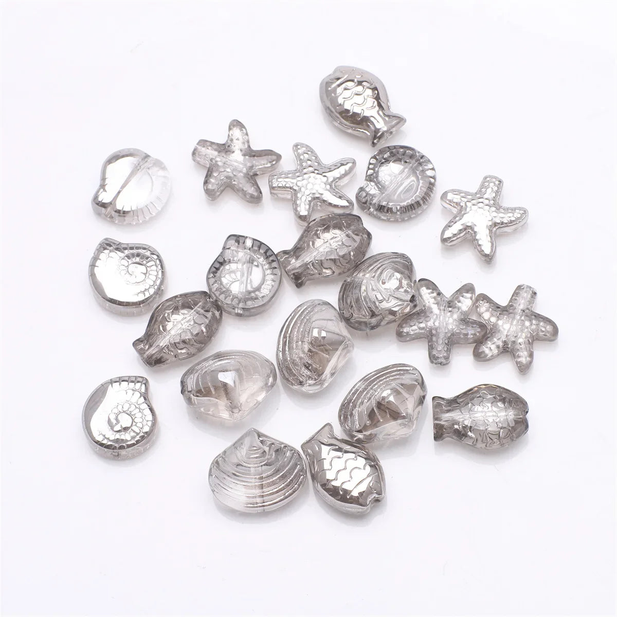 Crystal Ocean Collection, 20Pcs Mixed Glass Beads,  Starfish /Snail /Shell /Small Fish