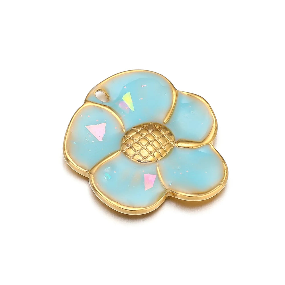 Enamel Flowers, Single Hole Charms, Stainless Steel, 5pcs