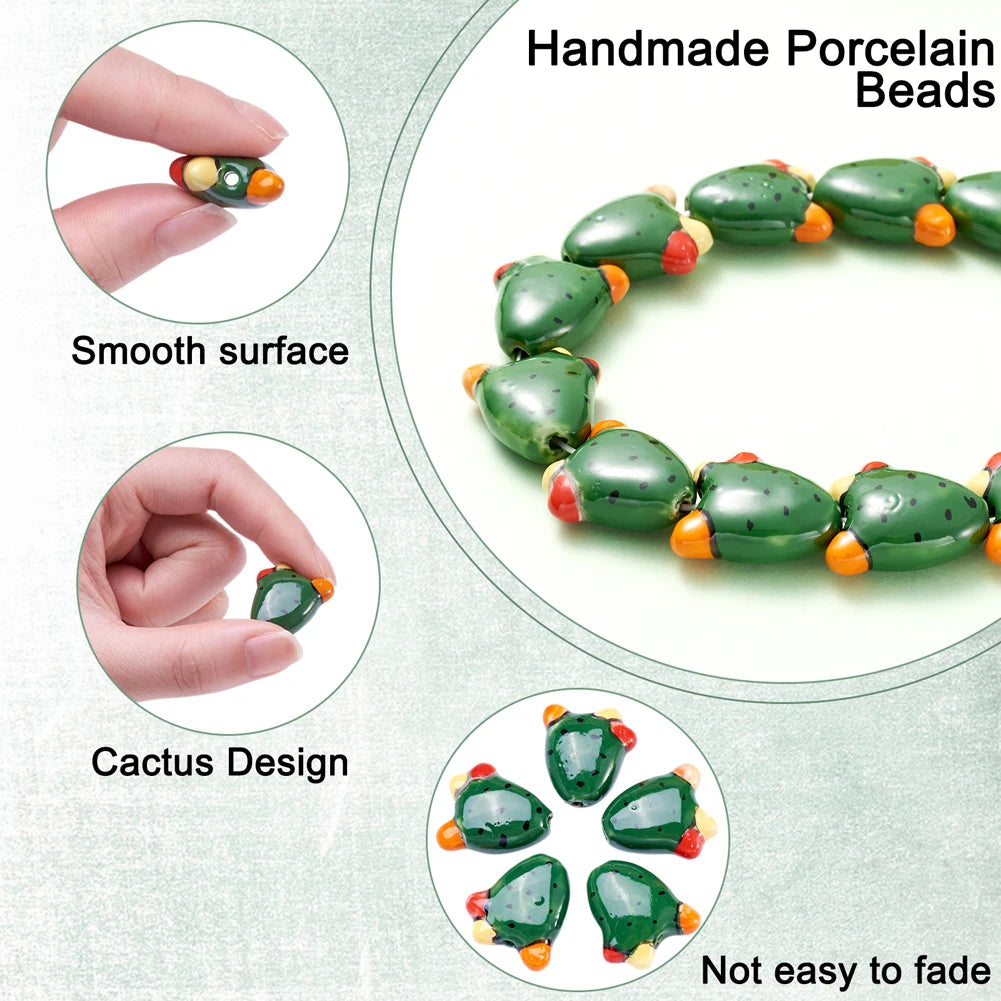 Cactus Handmade Porcelain Beads, 10Pcs