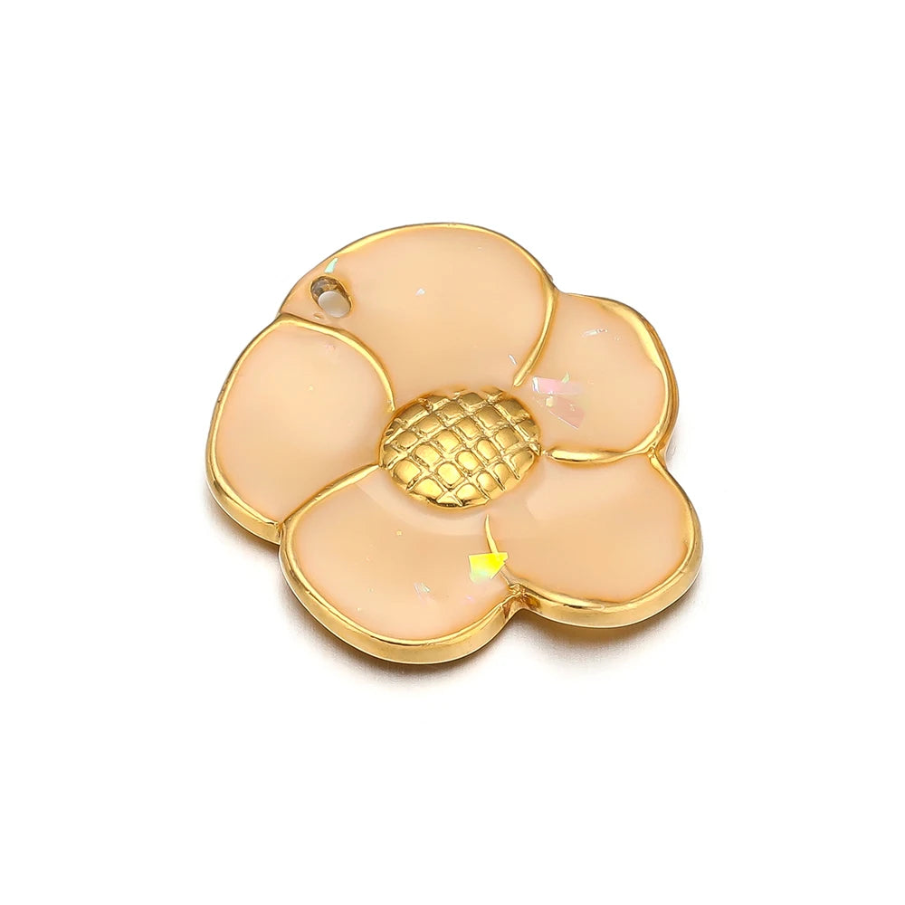 Enamel Flowers, Single Hole Charms, Stainless Steel, 5pcs