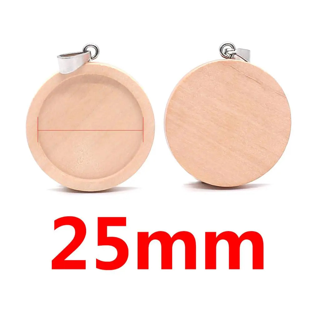 Natural Wooden Cabochon Base Blanks, Stainless Steel Pendant Trays, 10pcs 20/25/30/40mm