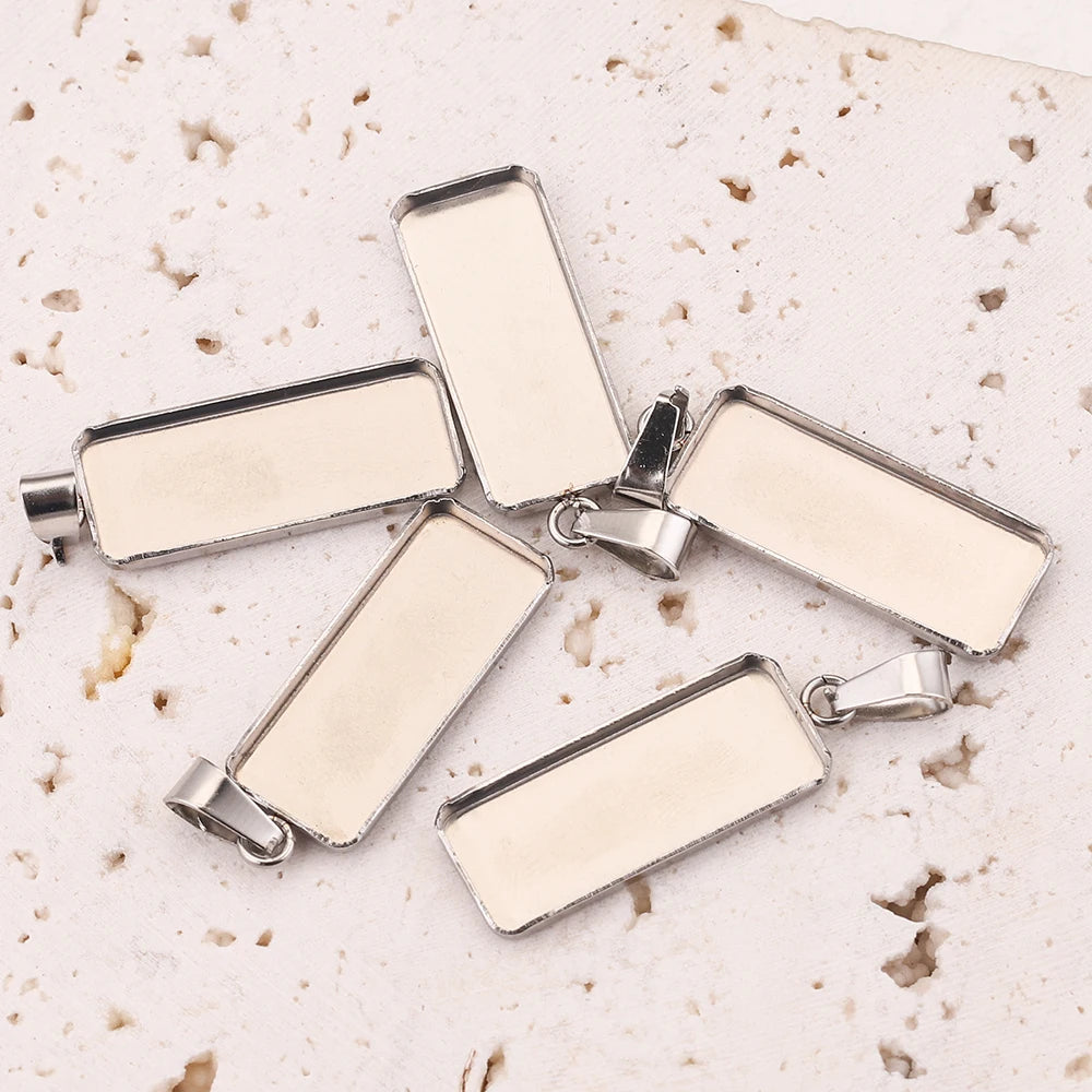 Rectangle Stainless Steel Cabochon Base Charms, Blank Pendant Setting Trays With Bails , 10pcs 10*25mm