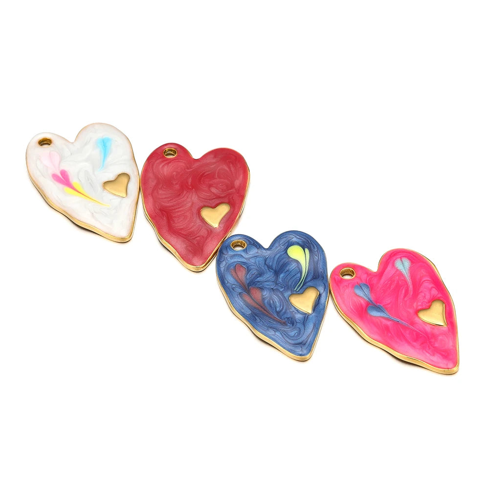 Single Hole Heart Enamel Charms, 5pcs, 18k Gold Plated Stainless Steel