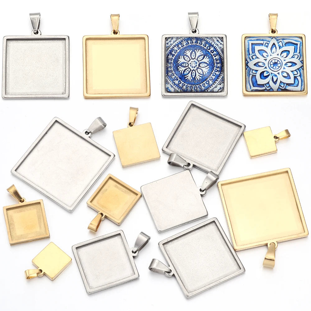 Stainless Steel Square Pendant Blank Trays, 2 Pcs,  10/15/20/25/30mm Bezel Bases