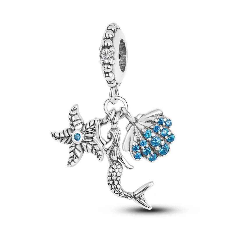 Ocean Blue Collection - Large Hole Charm Beads, European Style, Sea, Octopus, Turtle, Mermaid, Fits Original Pandora Bracelets, 925 Sterling Silver