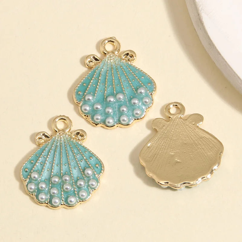 Turquoise Mint and Gold Enamel Shell Pearl Charms 21.5x18.5mm, 5pcs